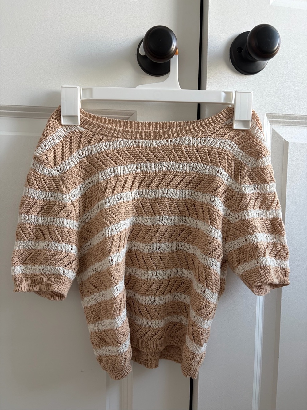 aerie Off-the-Shoulder Knit Sweater in Tan and White